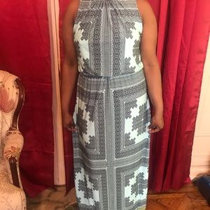 Maxi Dress Keyhole Blue Green Black Paisley